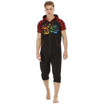 Yaz Siyah Baskı Onesies Erkekler Kısa Kollu Kıyafeti Kostümleri Yetişkin Pijama Kapşonlu Pijama