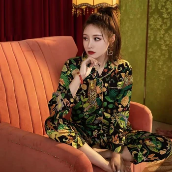 Yeşil kadın Pijama Takımı Vintage Baskı Moda Bayanlar Saten Pijama Uzun Kollu Bahar Sonbahar Lüks İpek Pijama Kadın 1