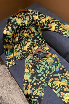 Yeşil kadın Pijama Takımı Vintage Baskı Moda Bayanlar Saten Pijama Uzun Kollu Bahar Sonbahar Lüks İpek Pijama Kadın 3