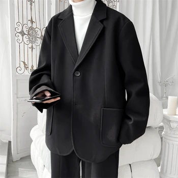 2022 Moda Yeni Erkek Yün Ceket Katı Siyah Tek Göğüslü Kış Dış Giyim