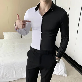 İngiliz Tarzı Patchwork Renk Gömlek Erkekler Moda 2022 Uzun Kollu Erkek Casual Gömlek Basit Tüm Maç Slim Fit Smokin Elbise 3XL-M