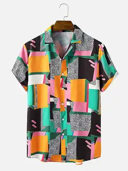 CharmkpR Şık erkek Nokta Geometri Desen Bluz Rahat Iyi Oturan Erkek Sıcak Satış Colorblock Yaka Kısa Kollu Gömlek S-2XL