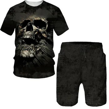 Punk Kafatası 3D Baskı Boy T-shirt / Şort / Setleri erkek Spor Eşofman Gotik Grafik Tee Tops Vintage Yaz Erkek Takım Elbise
