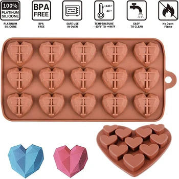 1 ADET DIY Kalp Çikolata Kalıpları 15 CavityDiamond aşk Şekli Silikon Düğün Şeker Pişirme Kalıpları Kek Süslemeleri Kek Kalıbı 3D