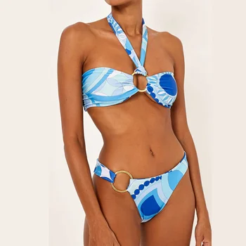 Mikro Bikini 2022 Kadın Boyundan Bağlı Bluz Baskı Mayo 2 Parça Cover Up Tatil Plaj Elbise Lacing Up Yaz Beachwear Backless 1