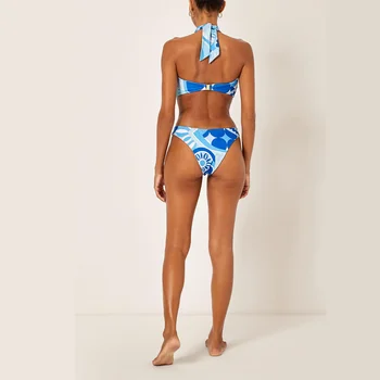 Mikro Bikini 2022 Kadın Boyundan Bağlı Bluz Baskı Mayo 2 Parça Cover Up Tatil Plaj Elbise Lacing Up Yaz Beachwear Backless 3