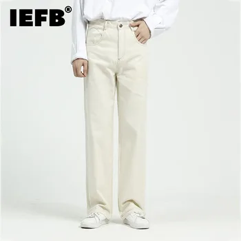 IEFB erkek Rahat Düz Orta Bel Kot Denim Su Yıkama Korran Şık Siyah Bej 2023 Yeni Sonbahar uzun pantolon 9D1491