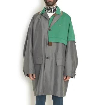 Japonya Tarzı Siyah ve Yeşil İki Renk Polo Nakış Dikiş erkek Rüzgarlık Ceket Tek Göğüslü M-Uzunluk Gevşek Ceket