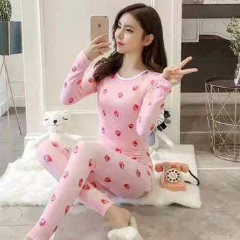 Kadınlar için pijama Sonbahar Sıcak Pijama Çilek Pijama Seti Rahat Ev Giysileri Artı Kadife Kalın Pijama Karikatür Pijama