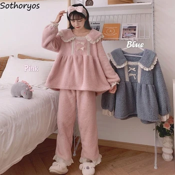 Kış Pijama Setleri Kadın Kawaii Sıcak Chic Uzun Kollu Tiki Kız Ev Tekstili Yumuşak Ulzzang Trendy Gençler 2 Parça Pijama Günlük